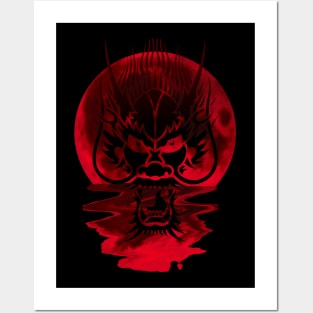 dragon head and red moon Posters and Art